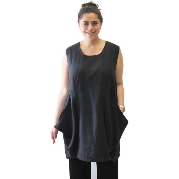 Mosaic USA Women's Big Pocket Sleeveless Linen Tunic  Black - Picture 2 of 6